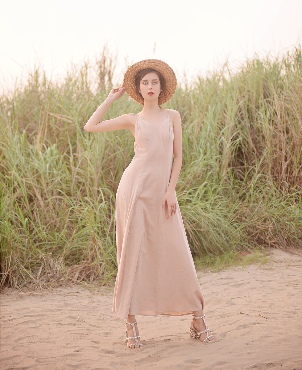 Open back Cotton Dress - Cotton Full Length Dress - Openback Linen Dress - Natural Fabric