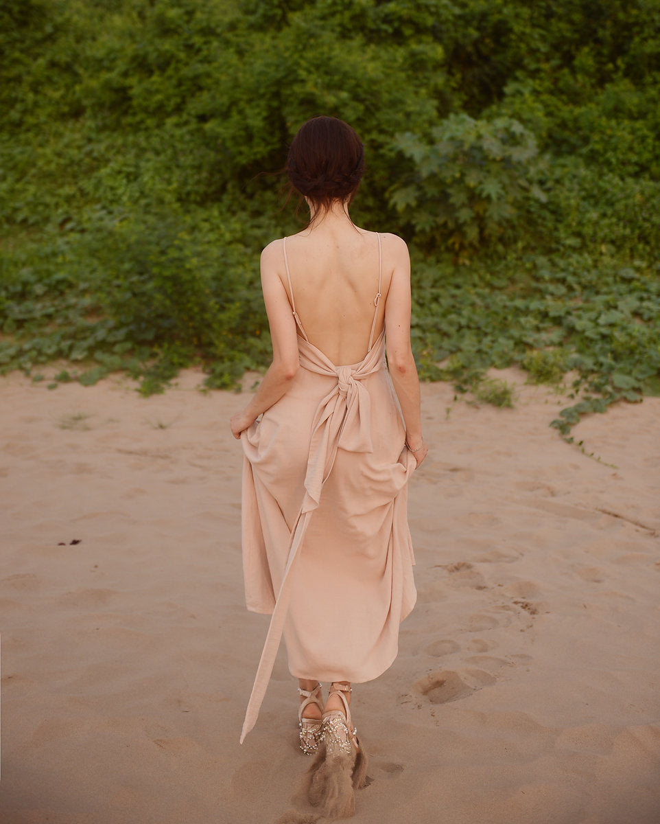 Open back Cotton Dress - Cotton Full Length Dress - Openback Linen Dress - Natural Fabric