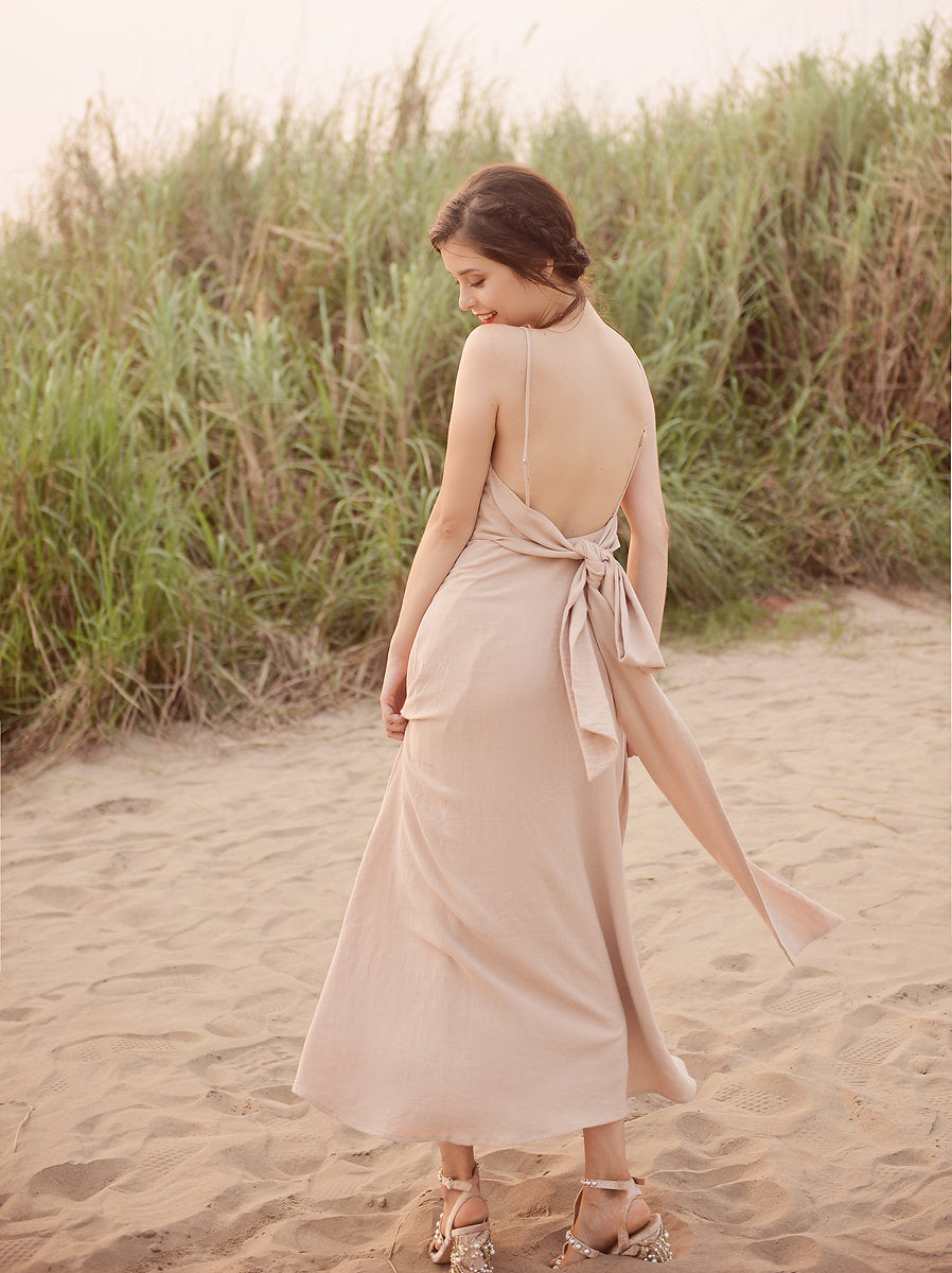 Open back Cotton Dress - Cotton Full Length Dress - Openback Linen Dress - Natural Fabric