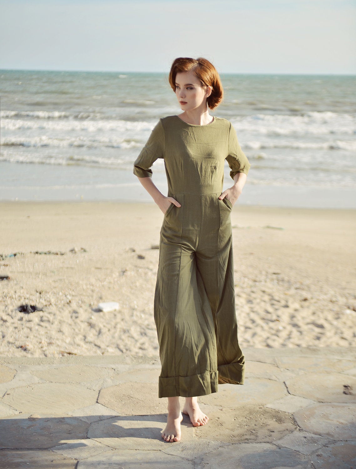 Jumpsuit Long Sleeve Women - Sleeves Linen Romper - Wide Pants Jumper - Linen Long Jumpsuit