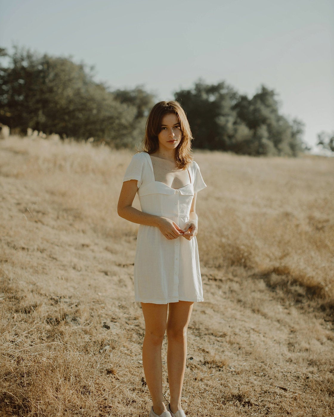Linen Dress White - Short Sleeve Dress - Linen Short Dress