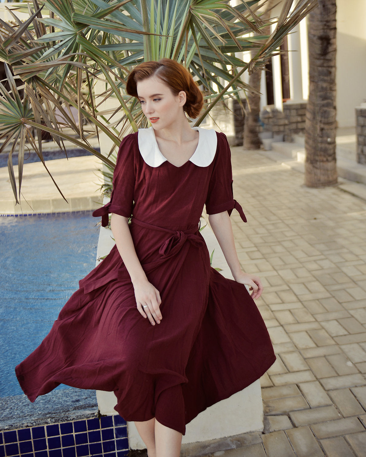 Linen Aline Dress - White Collar - Vintage Style Gown - Organic Clothing - Organic Cotton