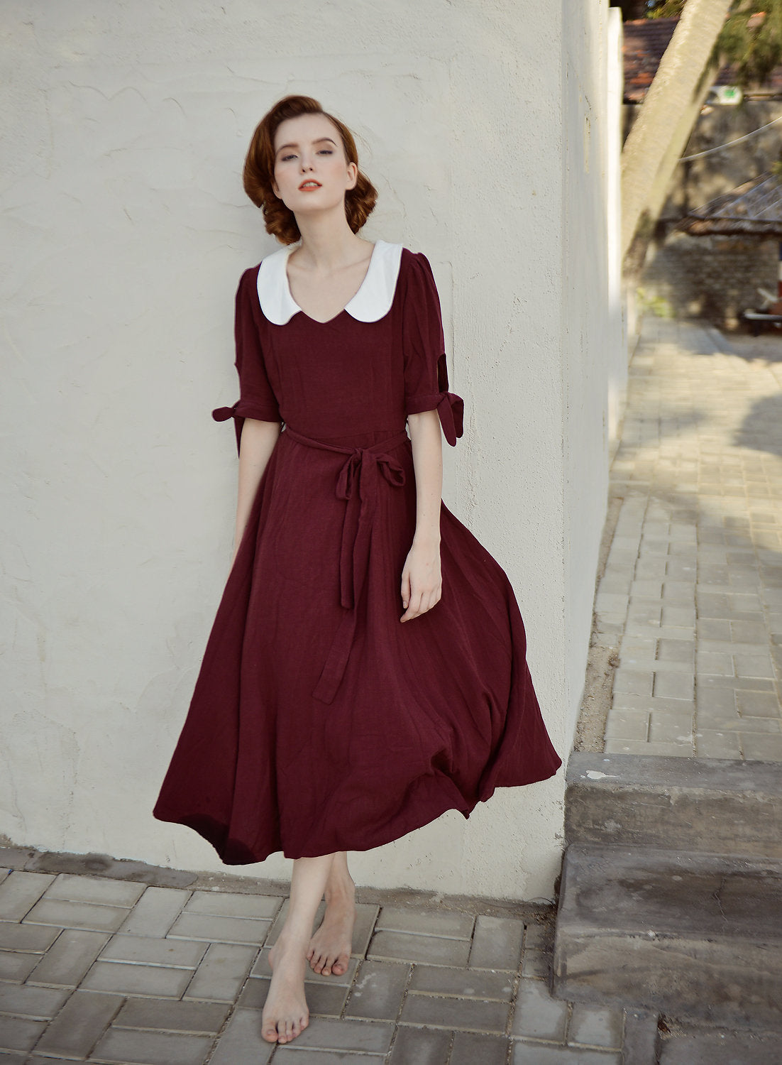 Women Aline Dress - White Collar - Vintage Style Gown - Organic Clothing - Organic Cotton