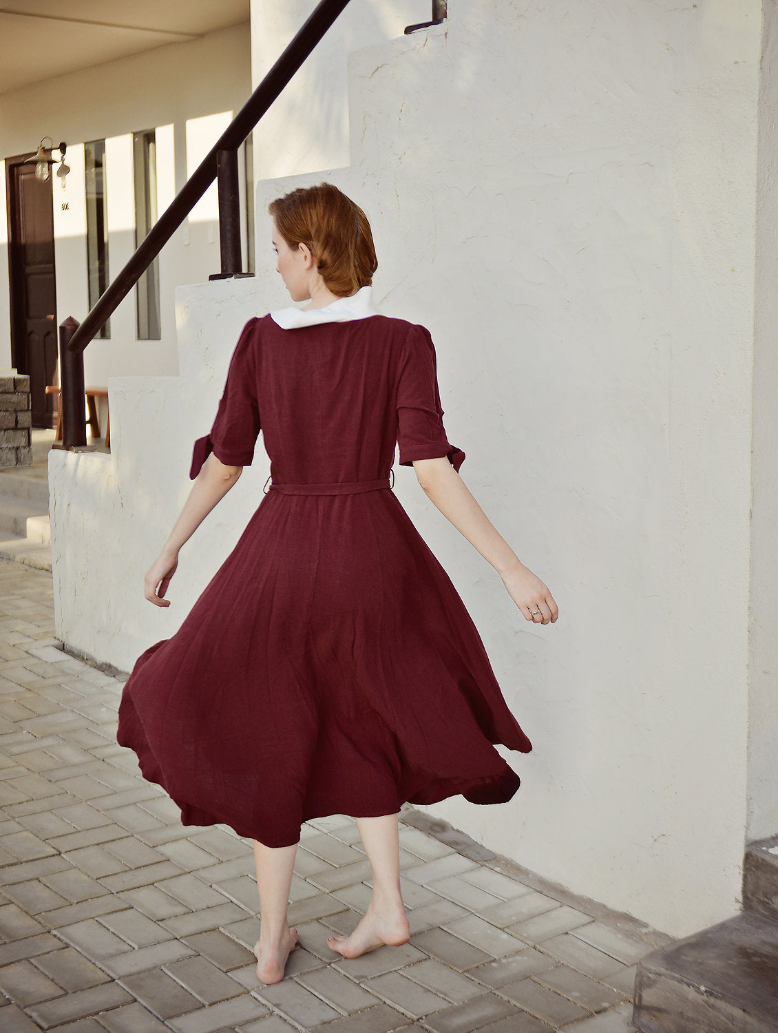 Linen Aline Dress - White Collar - Vintage Style Gown - Organic Clothing - Organic Cotton