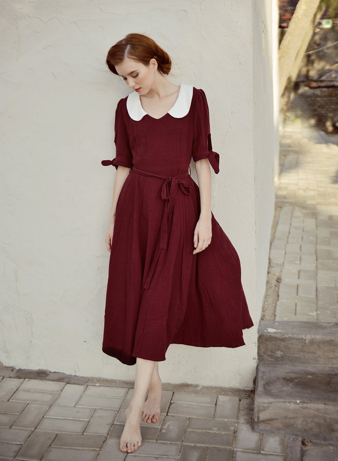 Women Aline Dress - White Collar - Vintage Style Gown - Organic Clothing - Organic Cotton