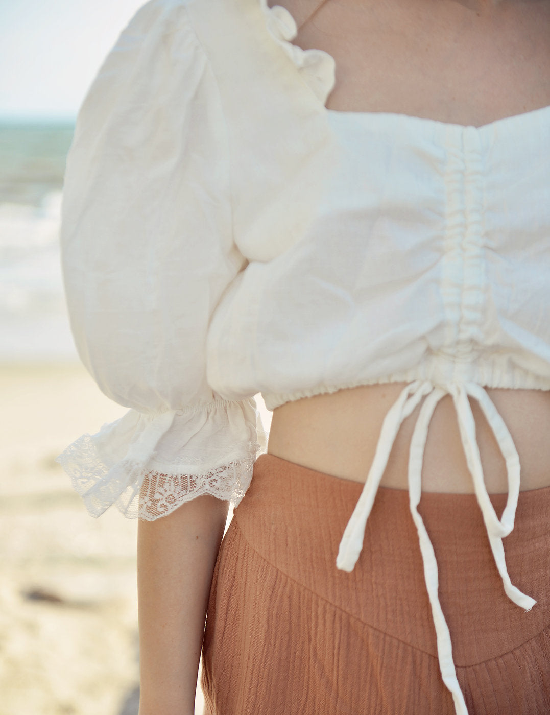 Crop Top Women - Lace Sleeve Cotton Top - Linen Top Women - Cotton Top Sleeves - Natural Fabric