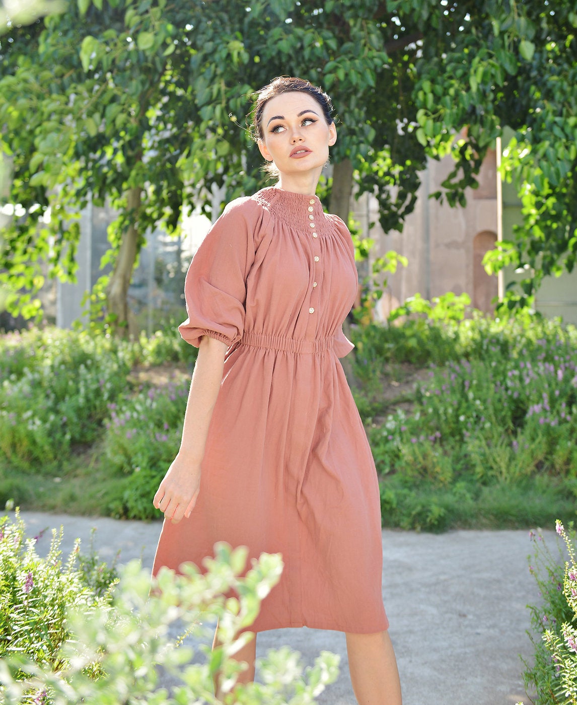 Midi Cotton Dress Buttons - Half Sleeve Dress - Women Cotton Dress - Cotton Mid-calf Dress