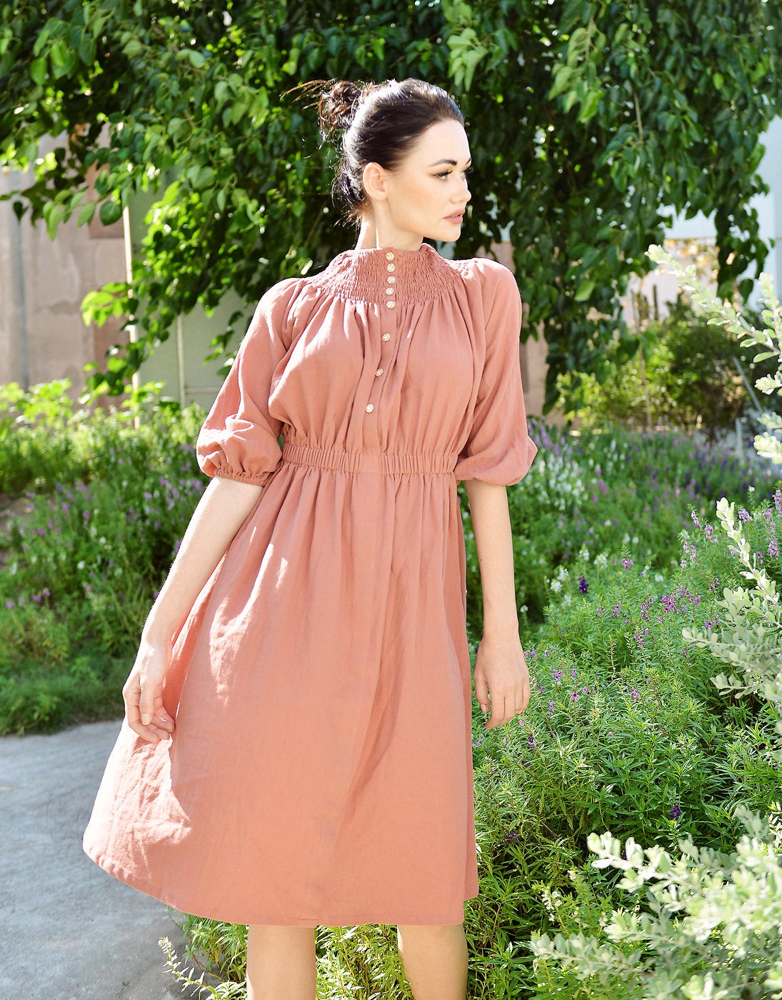 Midi Cotton Dress Buttons - Half Sleeve Dress - Women Cotton Dress - Cotton Mid-calf Dress