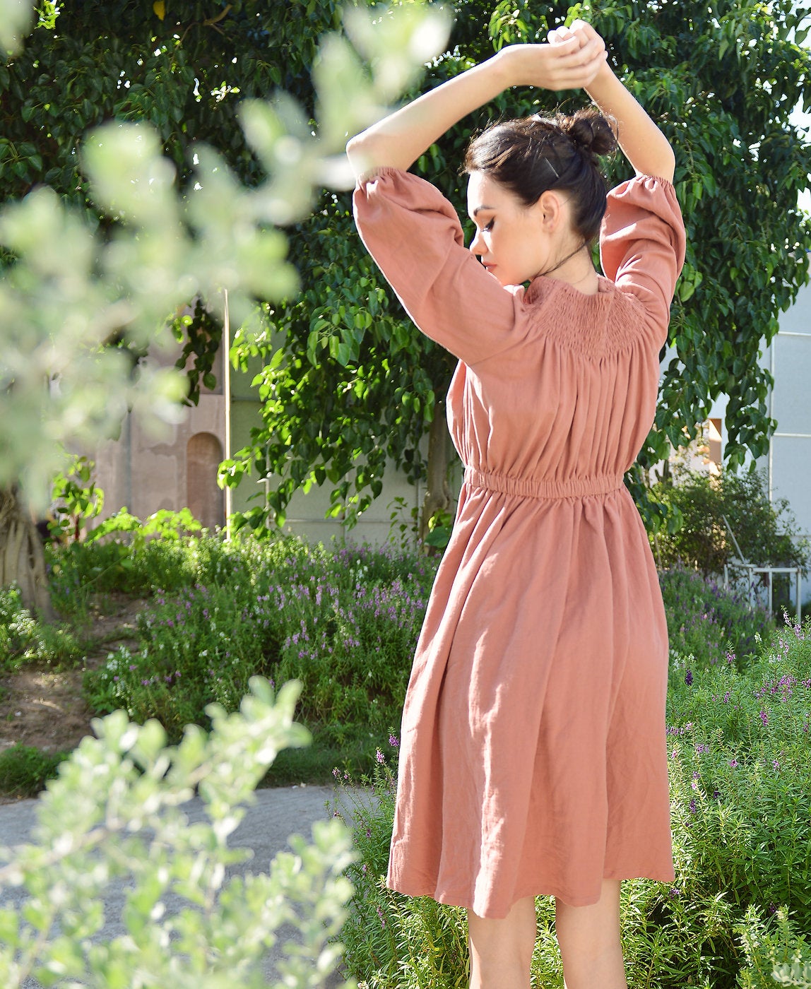 Midi Cotton Dress Buttons - Half Sleeve Dress - Women Cotton Dress - Cotton Mid-calf Dress