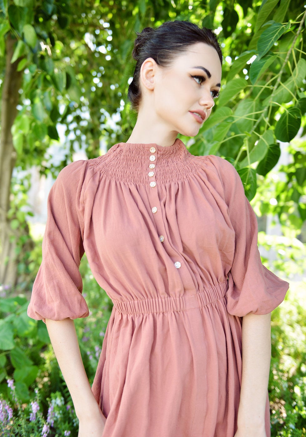 Midi Cotton Dress Buttons - Half Sleeve Dress - Women Cotton Dress - Cotton Mid-calf Dress