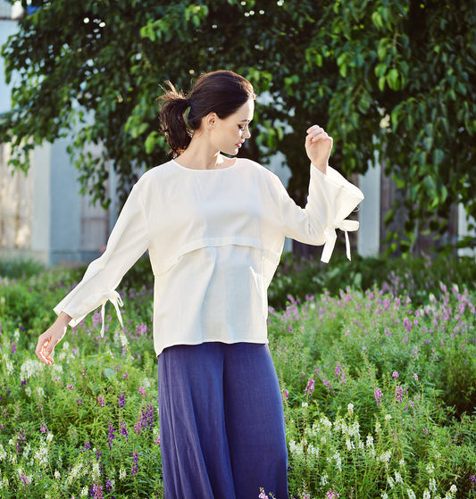 Linen Loose Blouse - Long Sleeve Blouse Women - Women Linen Top