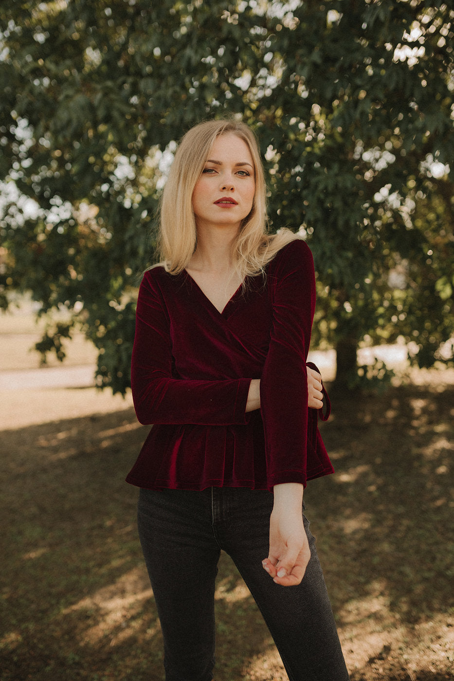Wrap Top Women - Long Sleeve Blouse - Velvet Blouse Women - Fall Top Blouse