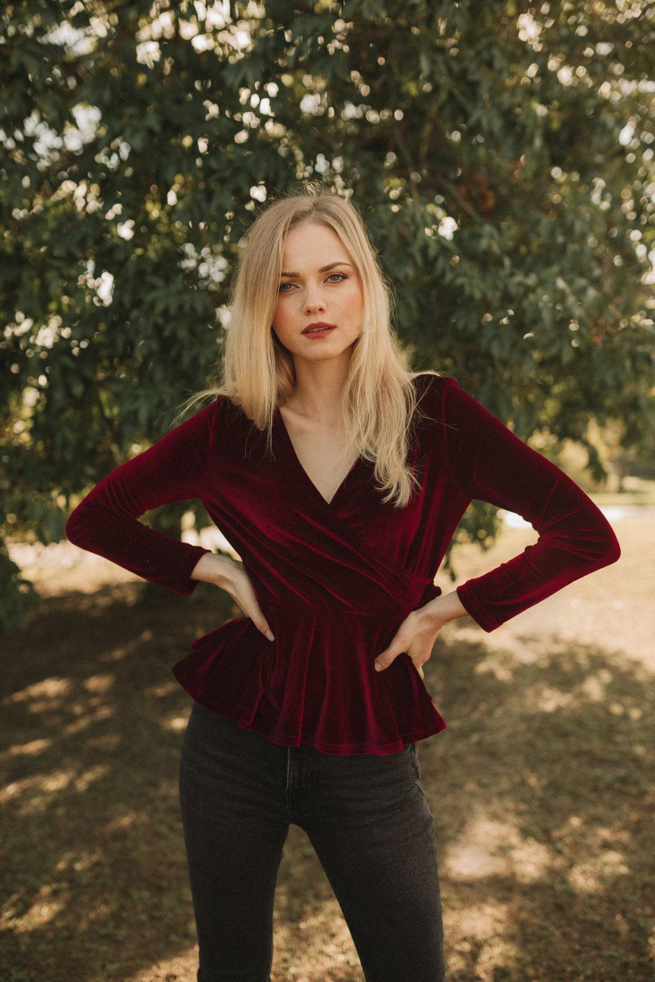 Wrap Top Women - Long Sleeve Blouse - Velvet Blouse Women - Fall Top Blouse