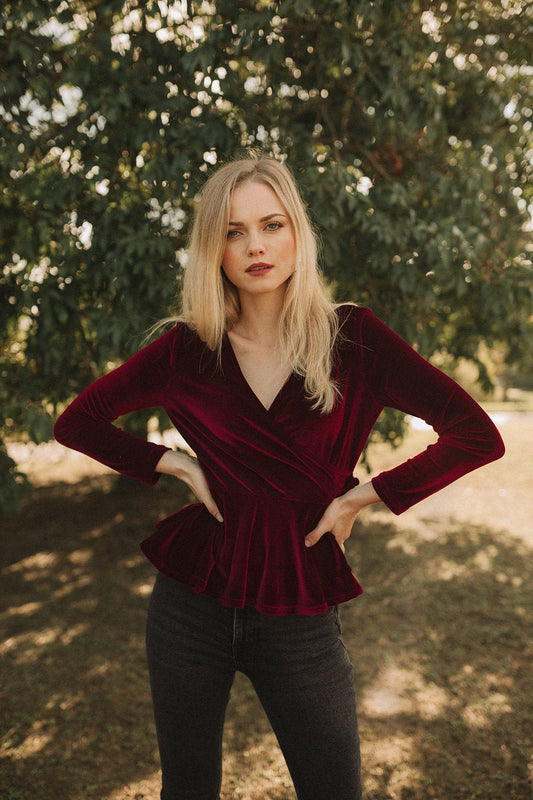 Wrap Top Women - Long Sleeve Blouse - Velvet Blouse Women - Fall Top Blouse