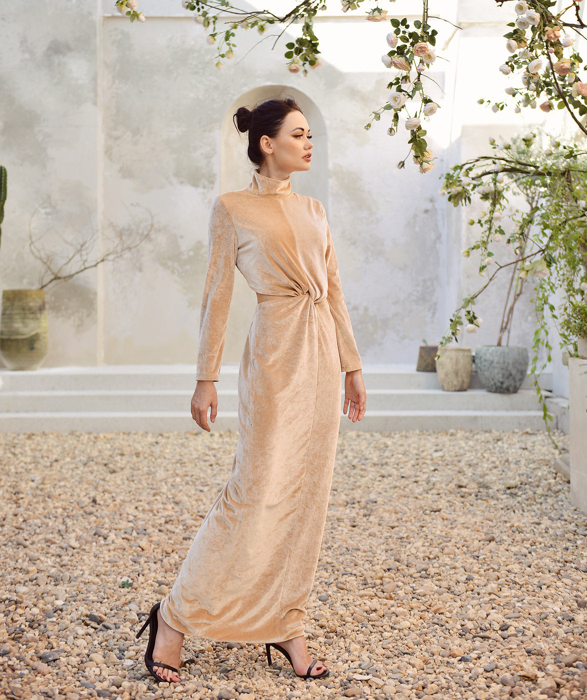 Open back Dress Full Length - Winter Women Dress - Beige Velvet Dress