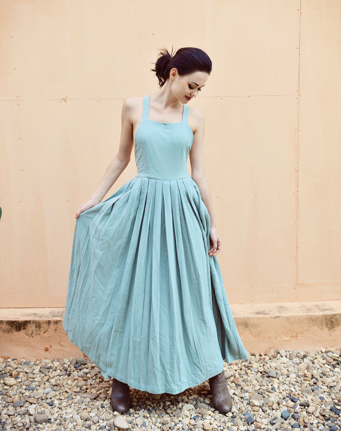 Cross-back Linen Dress - Elastic Waist Dress - Linen Dress Full Length