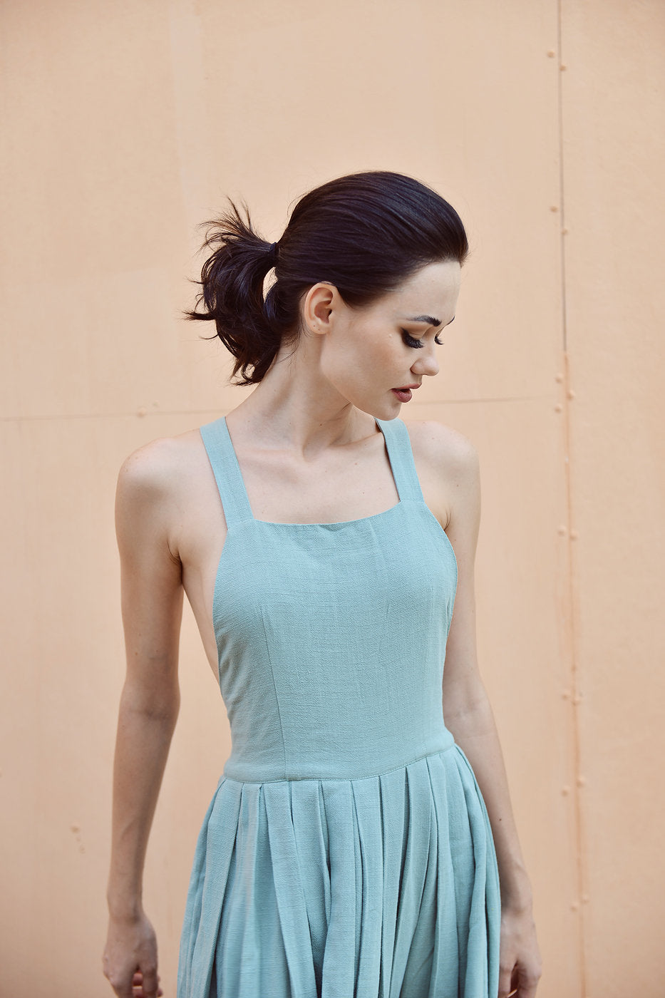 Cross-back Linen Dress - Elastic Waist Dress - Linen Dress Full Length