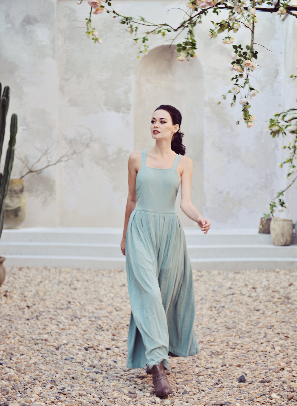 Cross-back Linen Dress - Elastic Waist Dress - Linen Dress Full Length