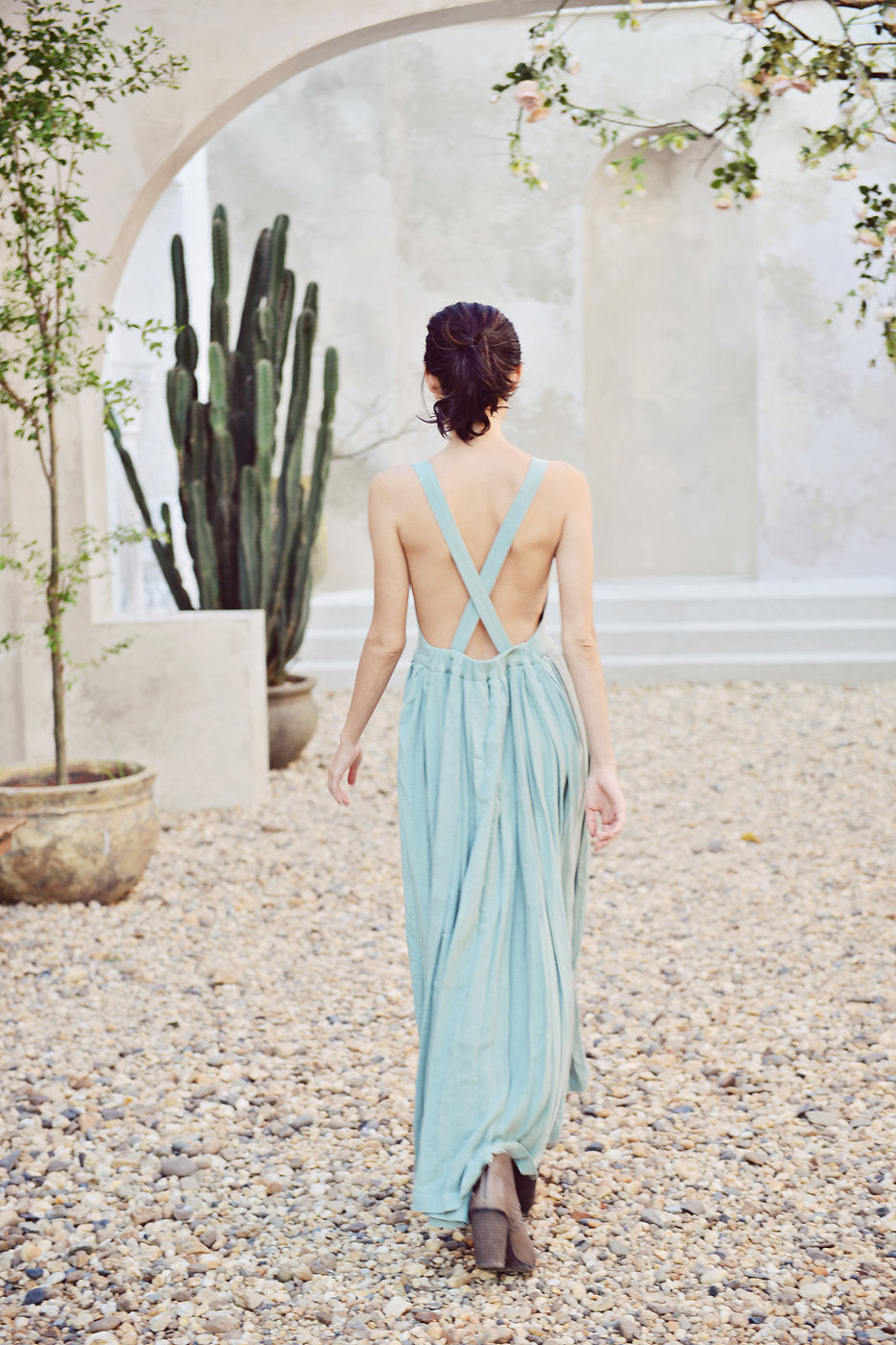 Cross-back Linen Dress - Elastic Waist Dress - Linen Dress Full Length