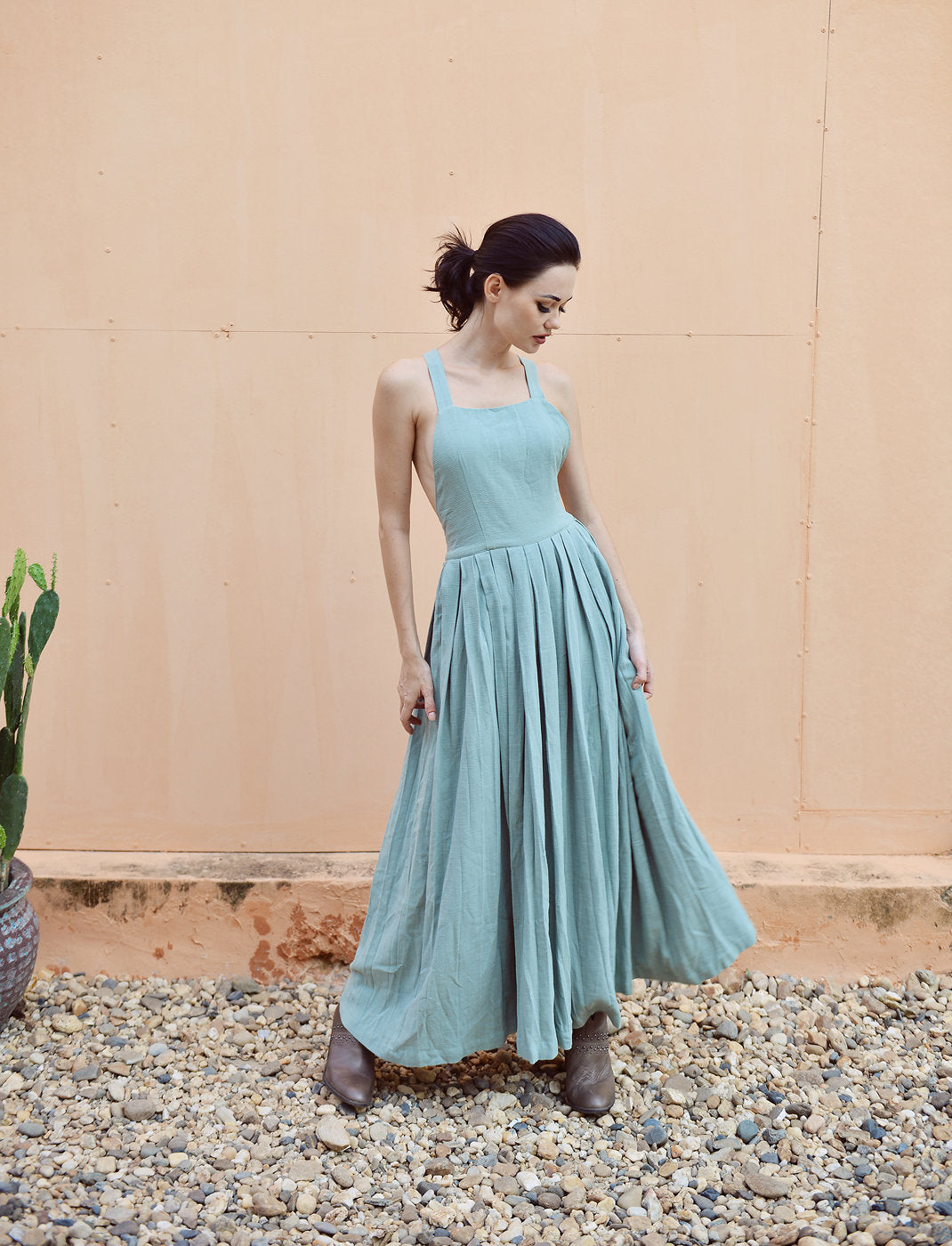 Cross-back Linen Dress - Elastic Waist Dress - Linen Dress Full Length