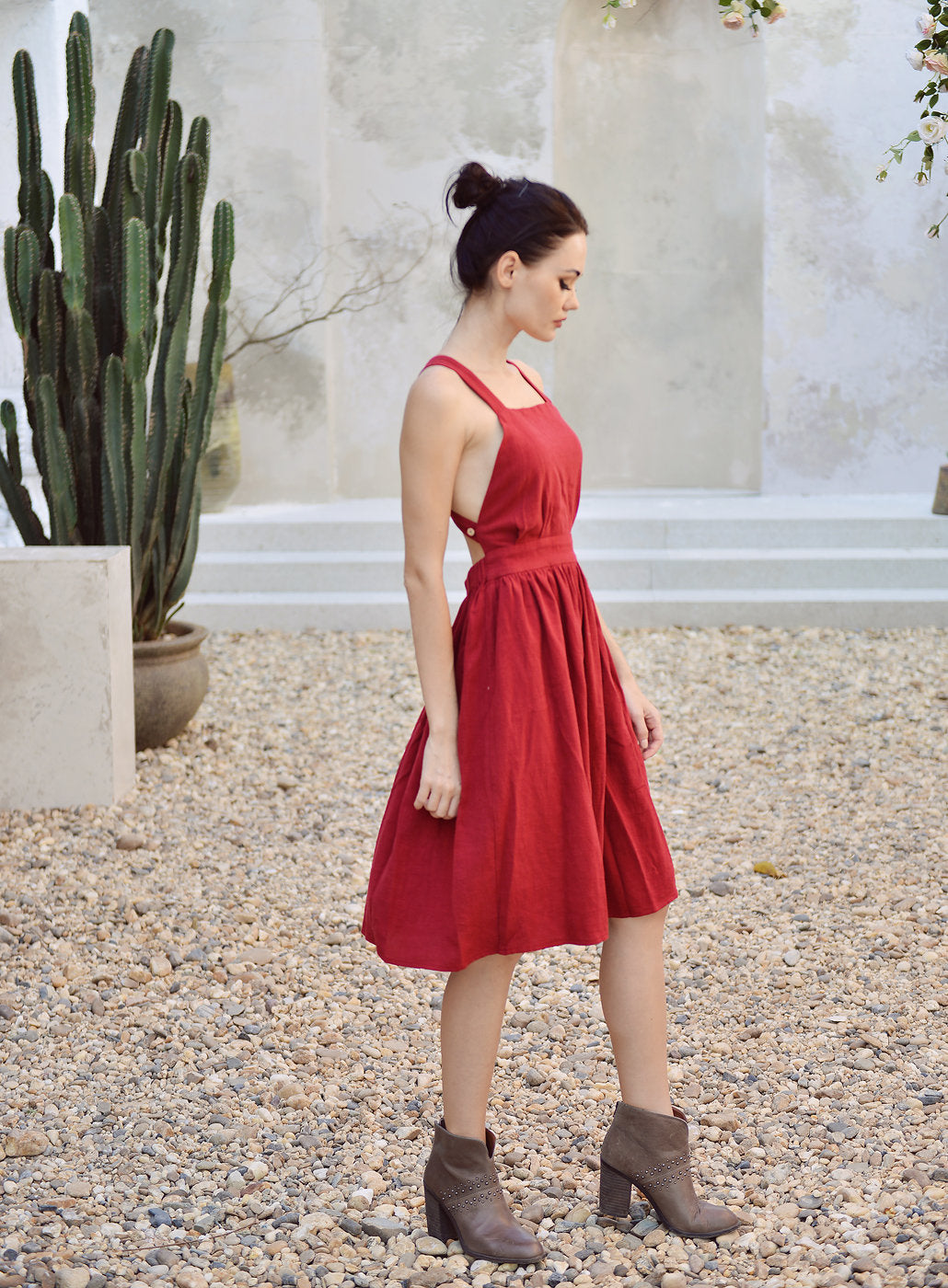Crisscross Linen Dress - Organic Cotton Dress - Dress For Women - Red Open back Dress - Elastic Waist