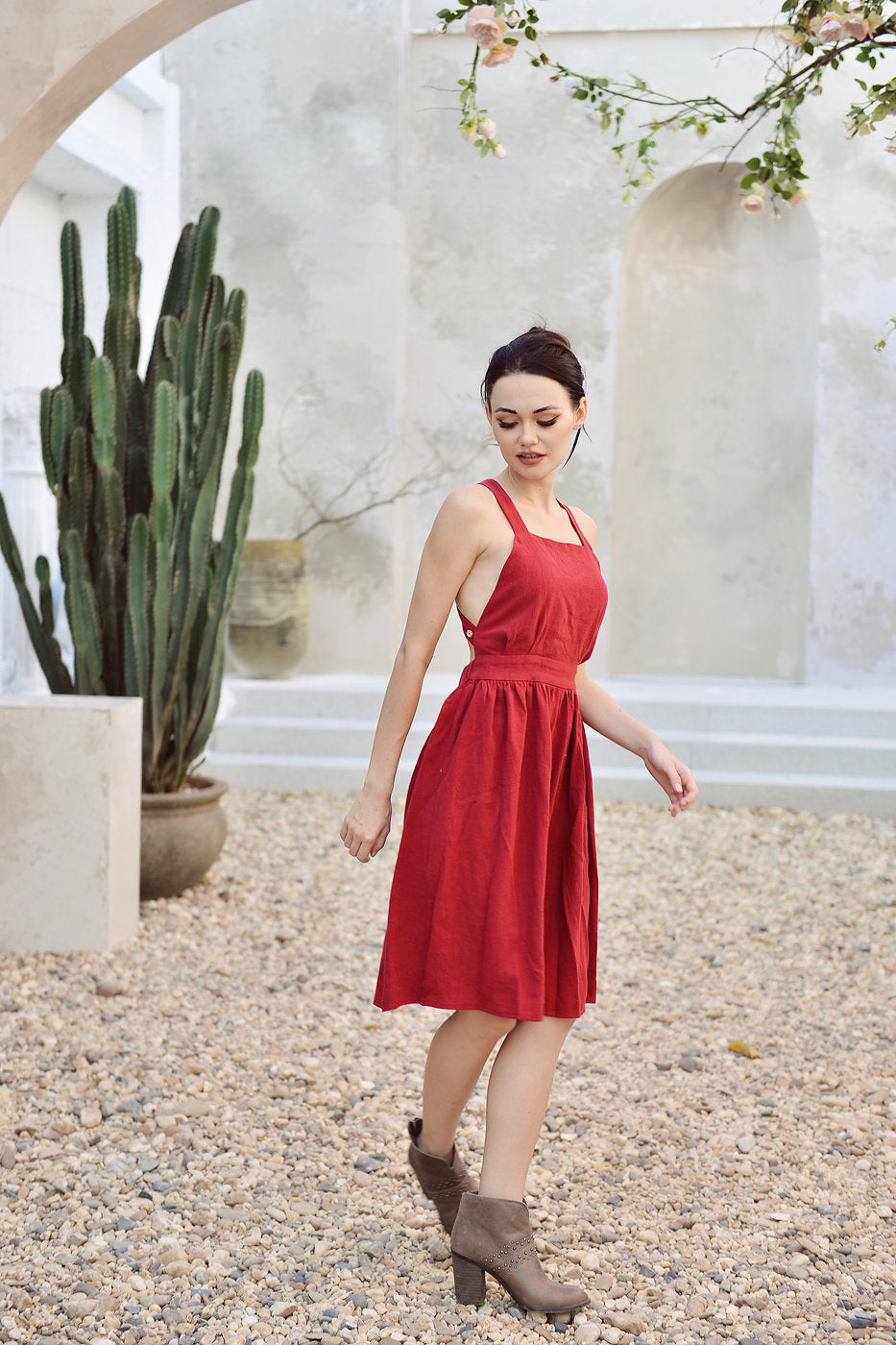 Crisscross Linen Dress - Organic Cotton Dress - Dress For Women - Red Open back Dress - Elastic Waist