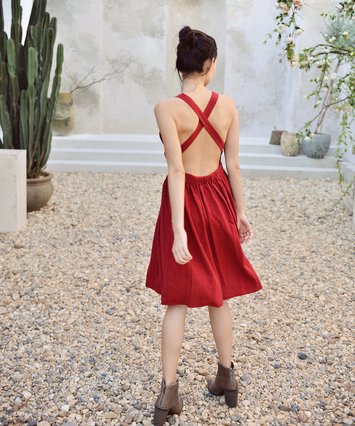 Crisscross Linen Dress - Organic Cotton Dress - Dress For Women - Red Open back Dress - Elastic Waist