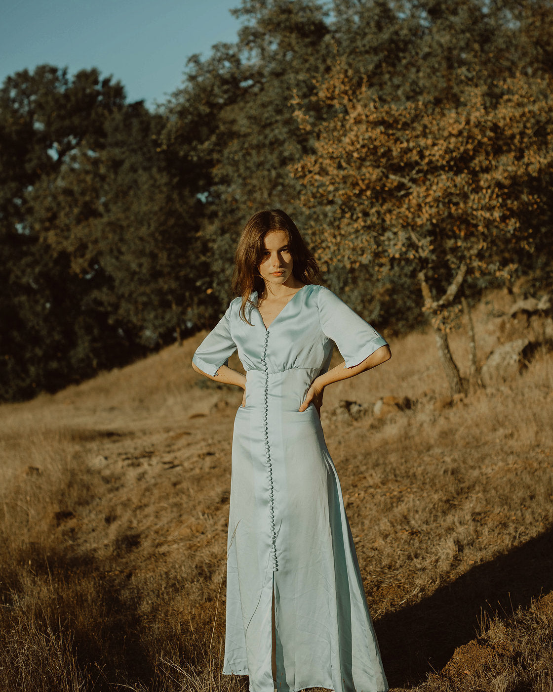 Silk Dress Sleeve - Silk Dress Women - Long Silk Dress - Blue Silk Dress - Short Sleeves Dress