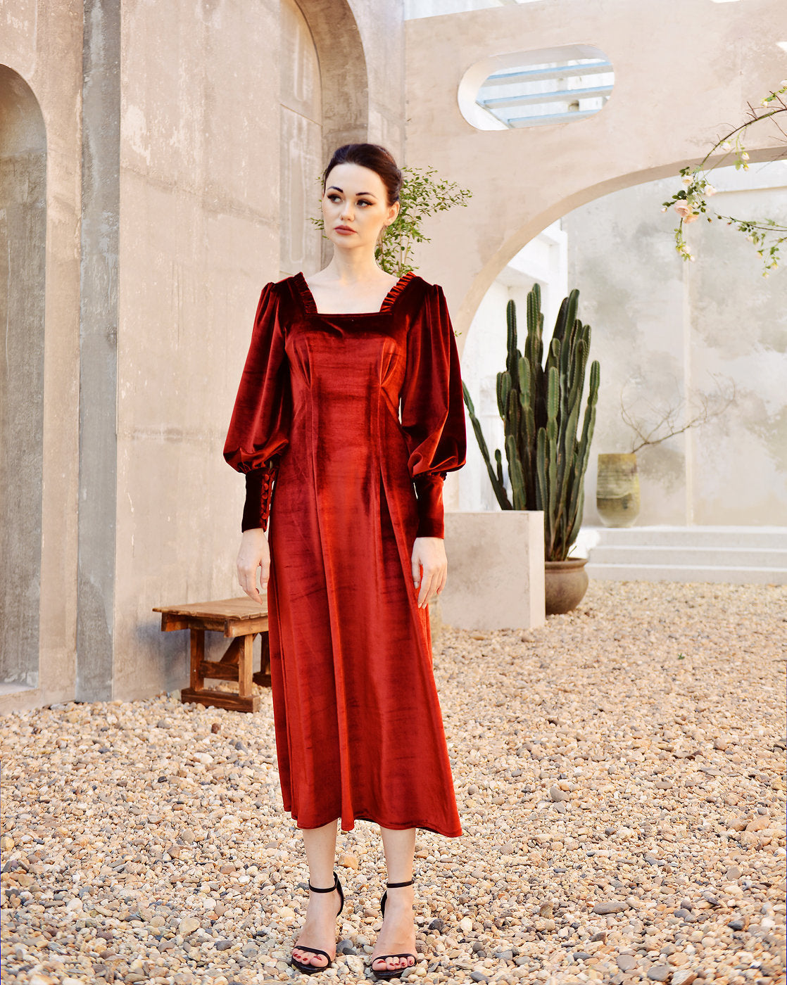 Women Dress Velvet - Red Velvet Dress - Long Sleeve Velvet Dress