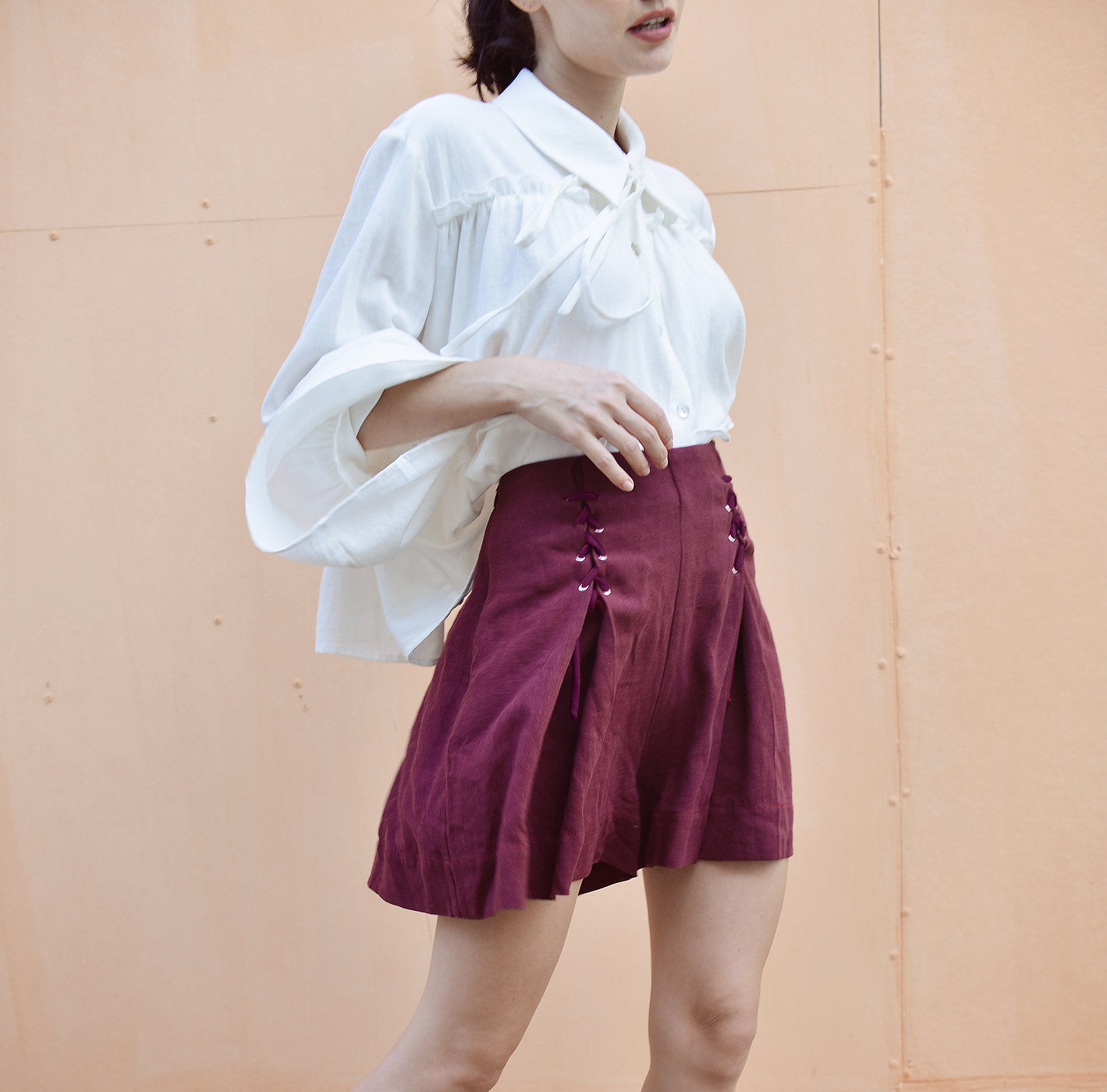 Women Linen Shorts - High-wasted Shorts - Red Cotton Shorts