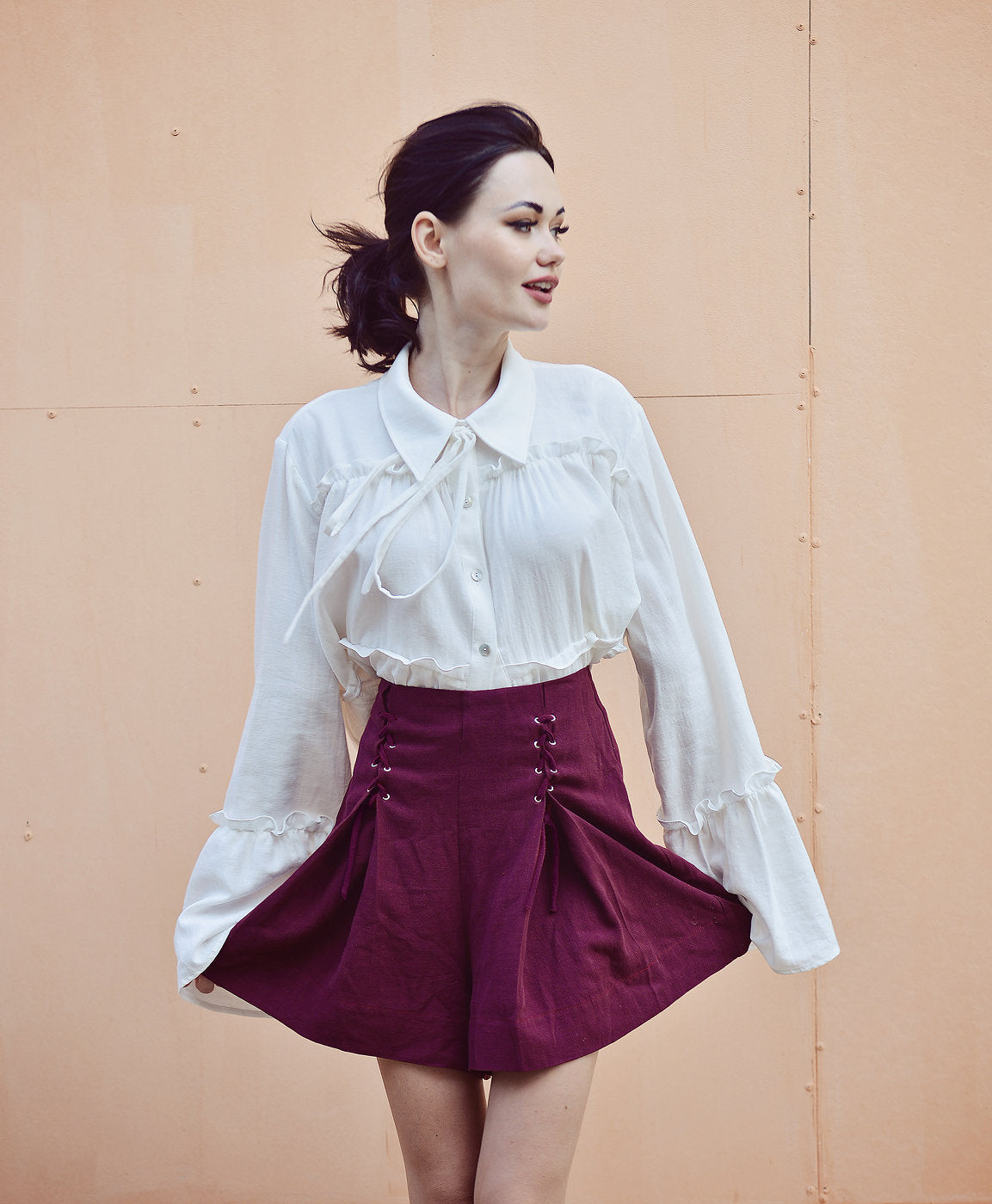 Women Linen Shorts - High-wasted Shorts - Red Cotton Shorts
