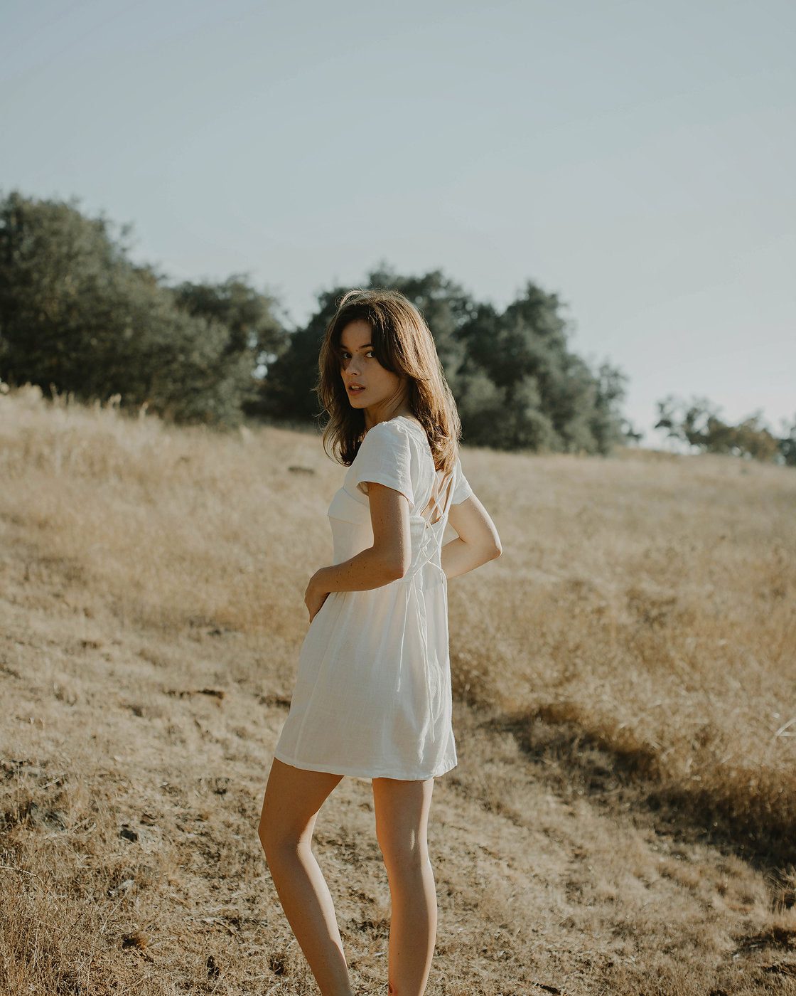 Linen Dress White - Short Sleeve Dress - Linen Short Dress