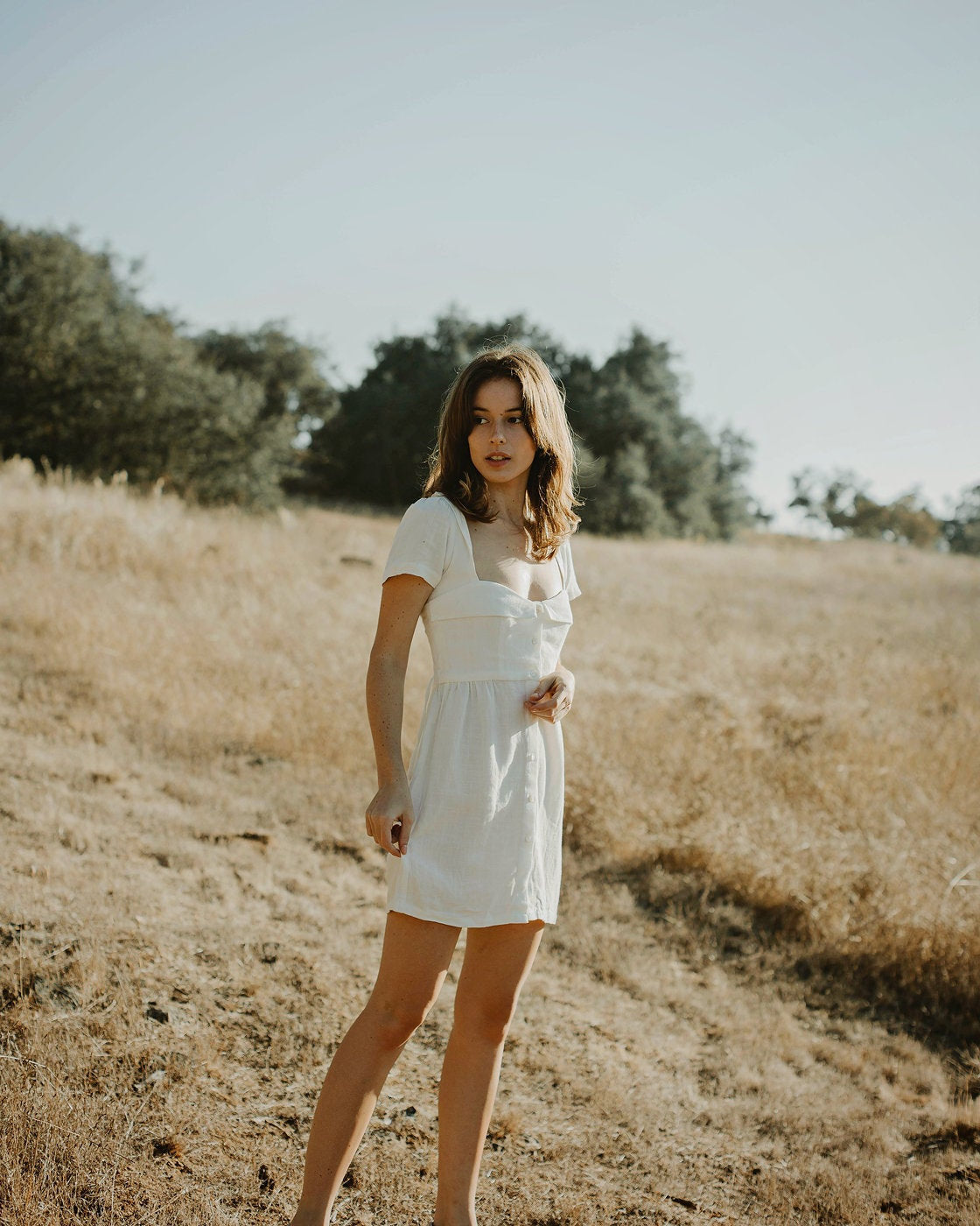 Linen Dress White - Short Sleeve Dress - Linen Short Dress