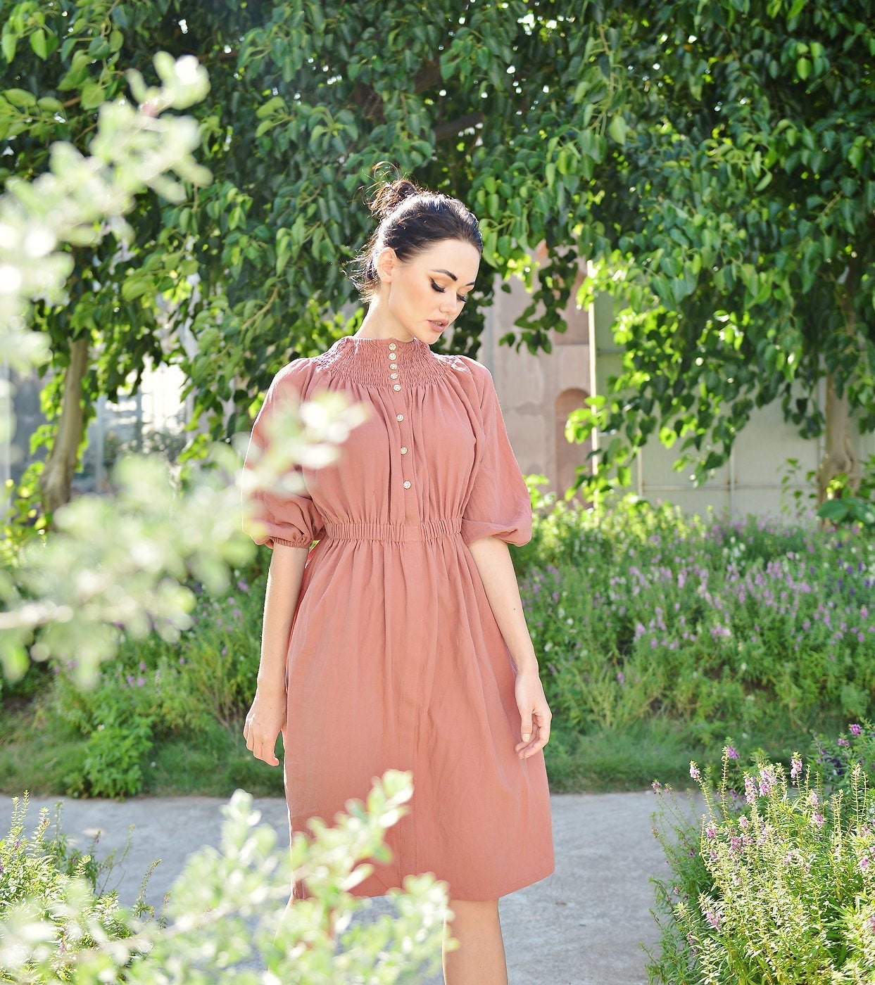 Midi Cotton Dress Buttons - Half Sleeve Dress - Women Cotton Dress - Cotton Mid-calf Dress