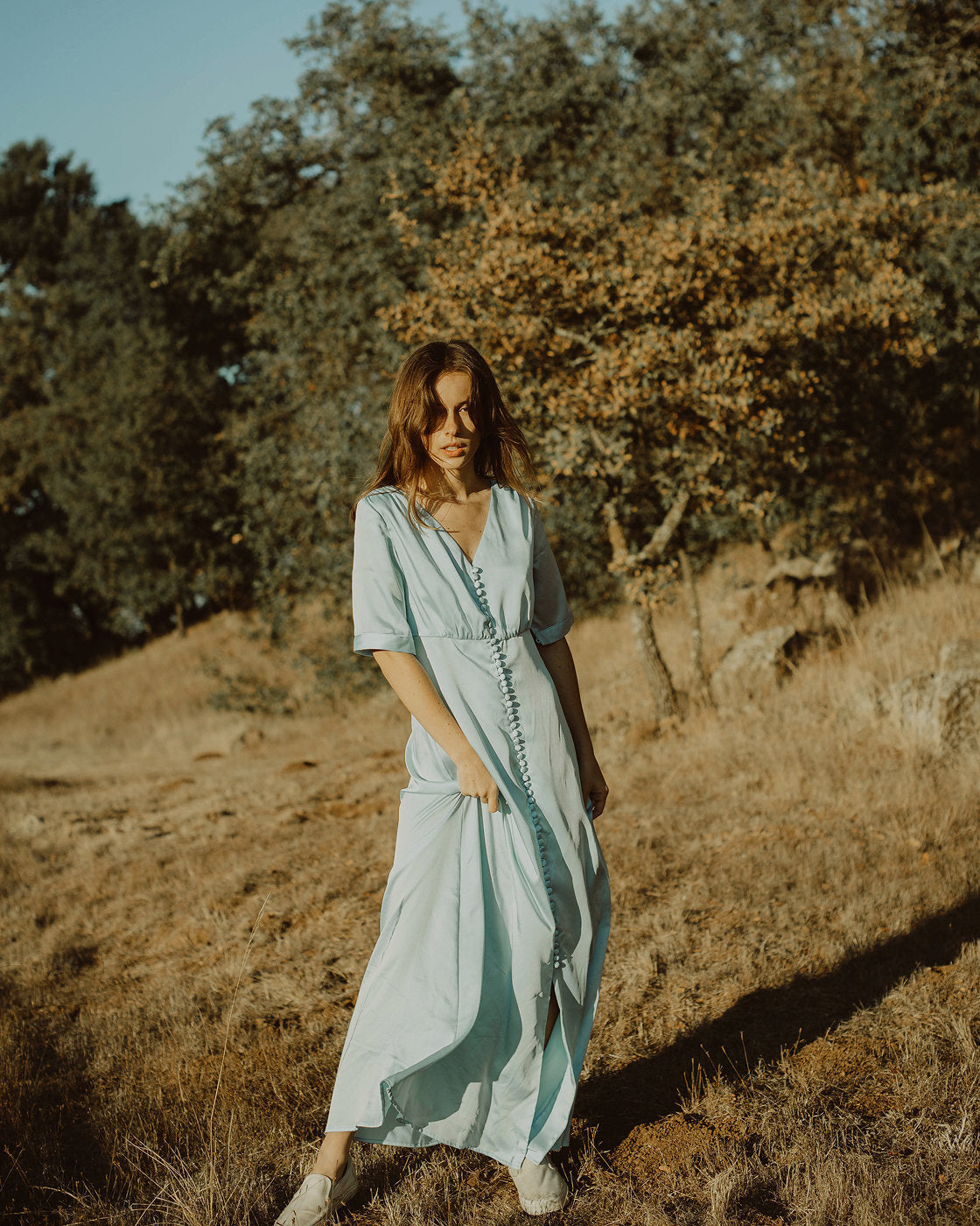 Silk Dress Sleeve - Silk Dress Women - Long Silk Dress - Blue Silk Dress - Short Sleeves Dress