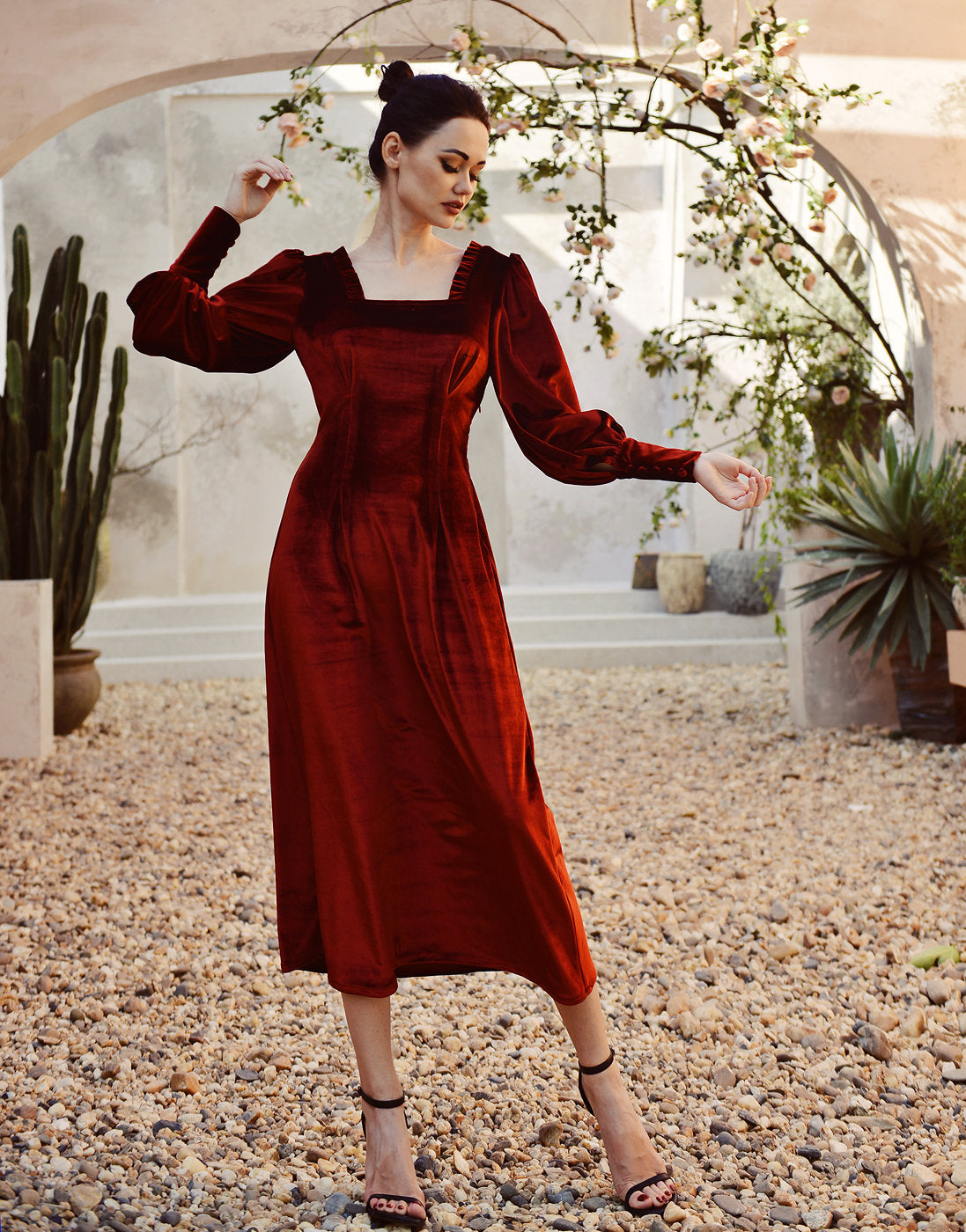 Women Dress Velvet - Red Velvet Dress - Long Sleeve Velvet Dress