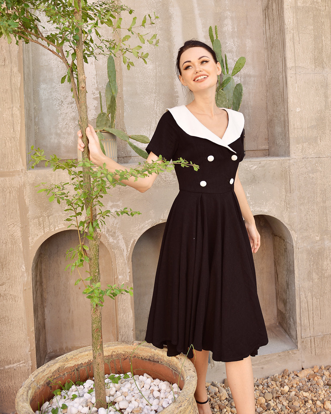 Linen Dress Black and White - Midi Linen Dress -