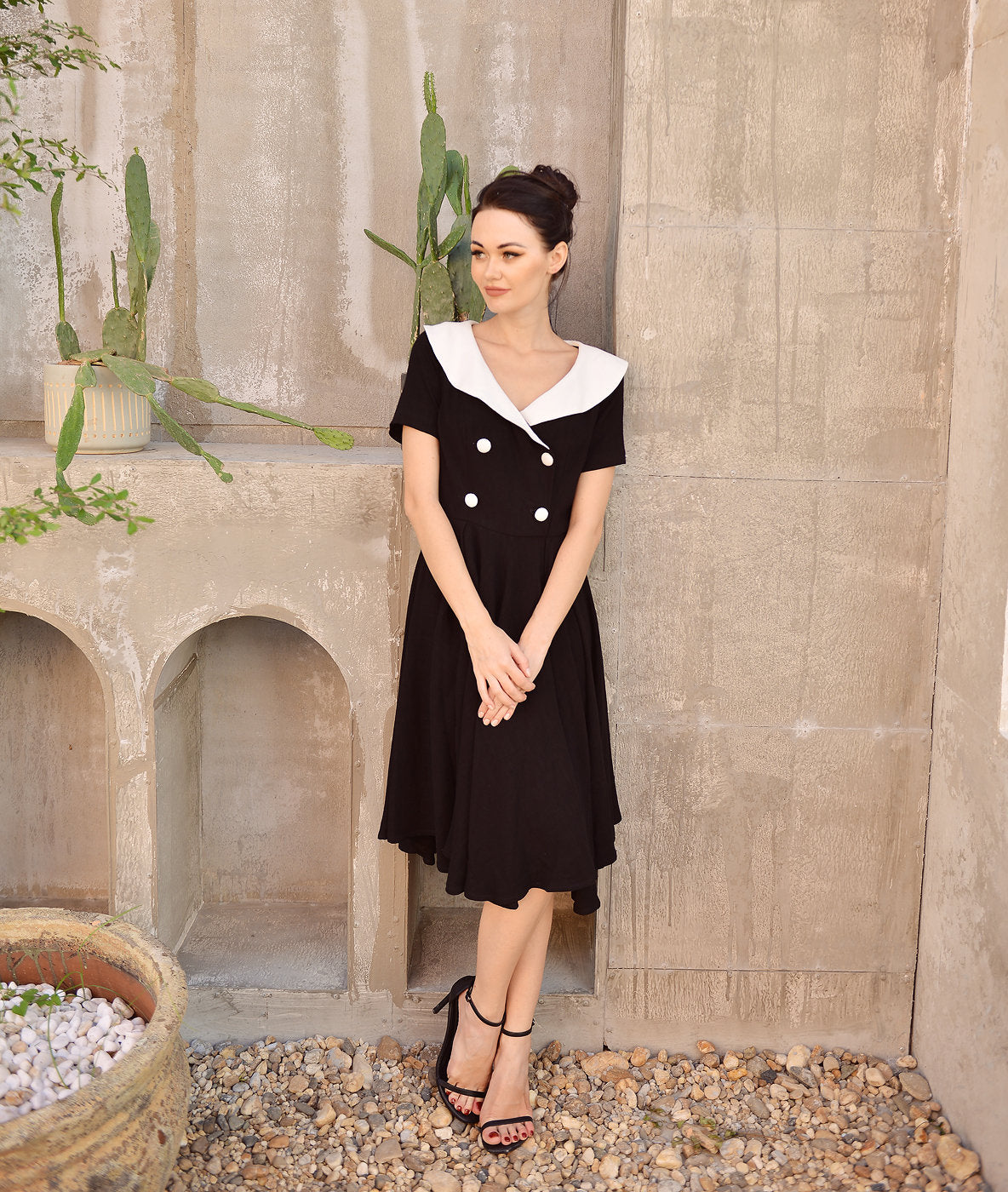 Linen Dress Black and White - Midi Linen Dress -
