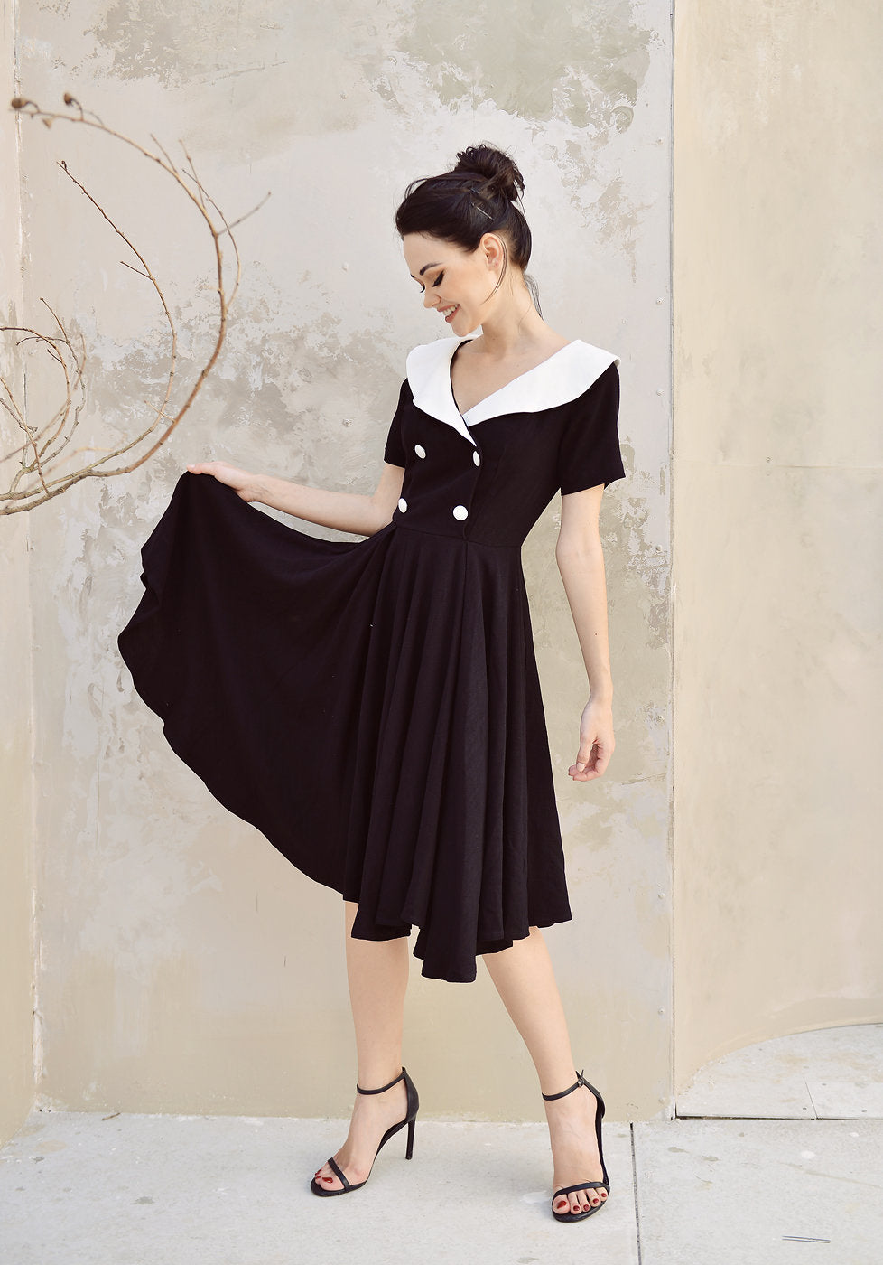 Linen Dress Black and White - Midi Linen Dress -