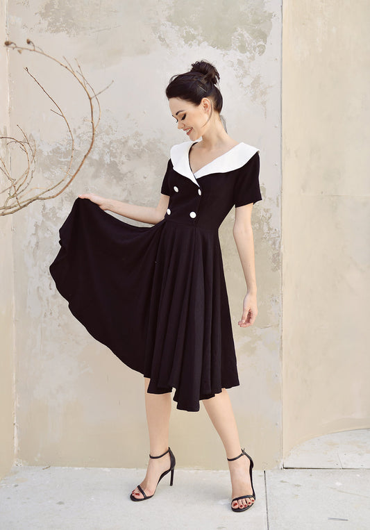 Linen Dress Black and White - Midi Linen Dress -