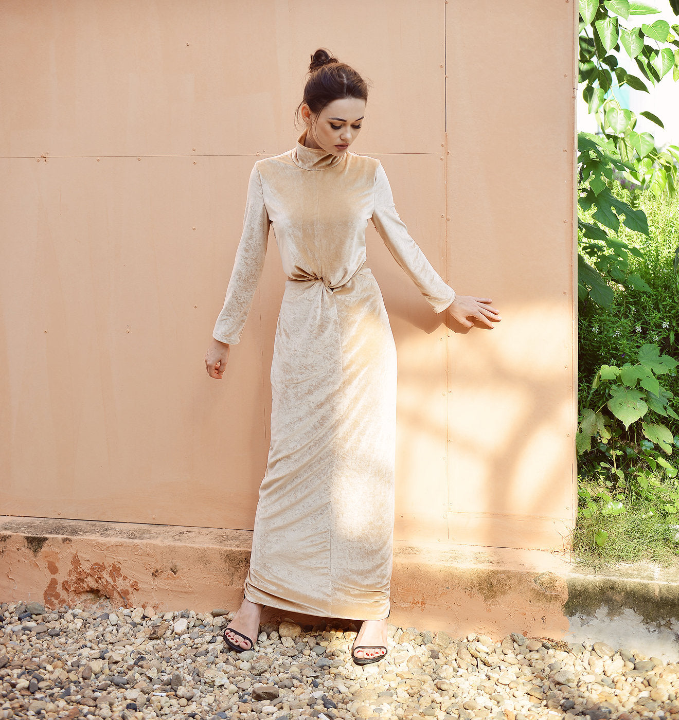 Open back Dress Full Length - Winter Women Dress - Beige Velvet Dress