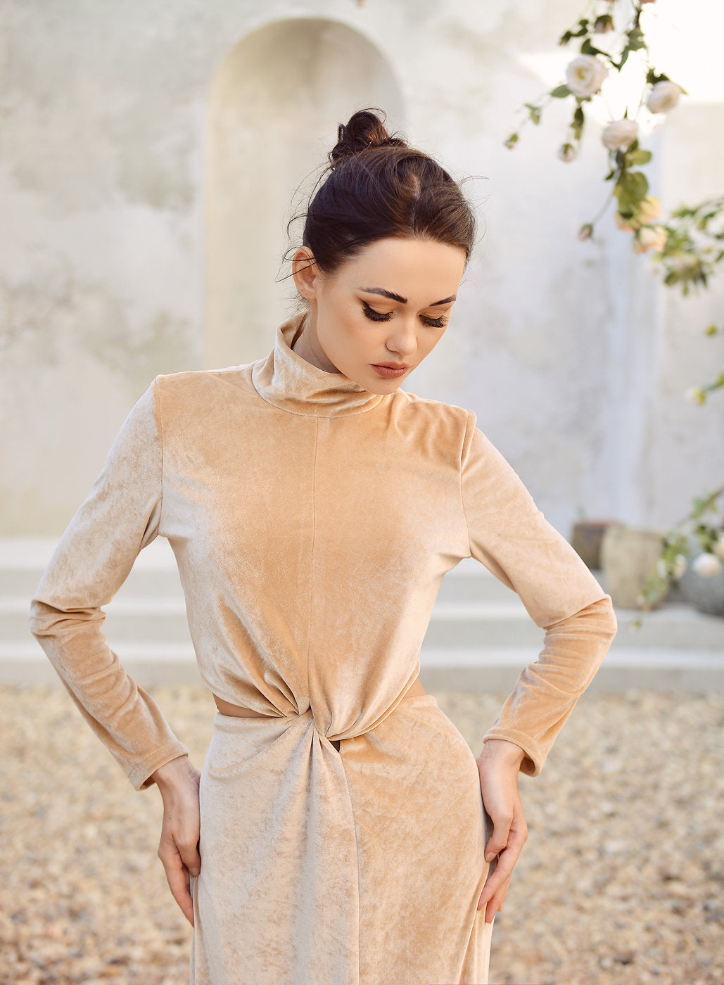 Open back Dress Full Length - Winter Women Dress - Beige Velvet Dress