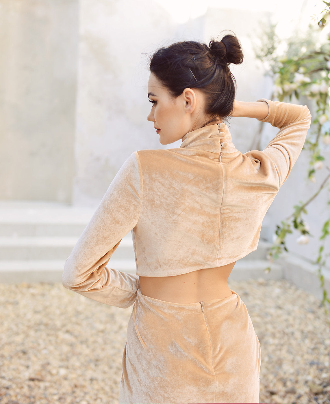 Open back Dress Full Length - Winter Women Dress - Beige Velvet Dress