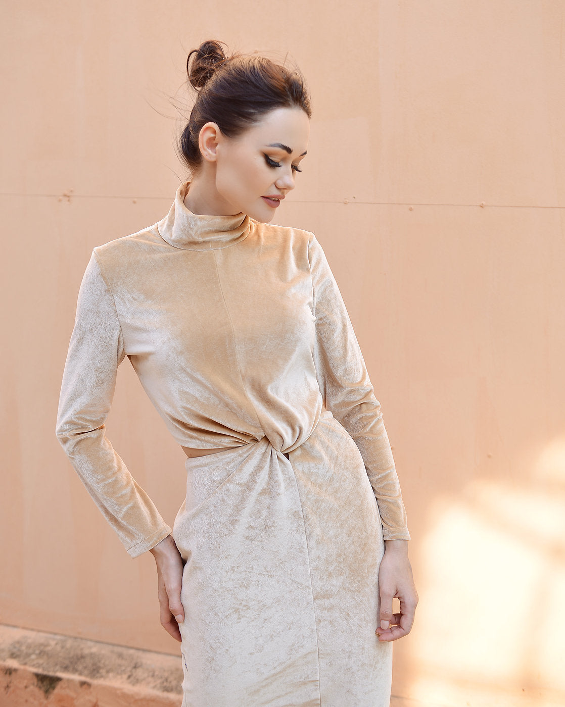 Open back Dress Full Length - Winter Women Dress - Beige Velvet Dress