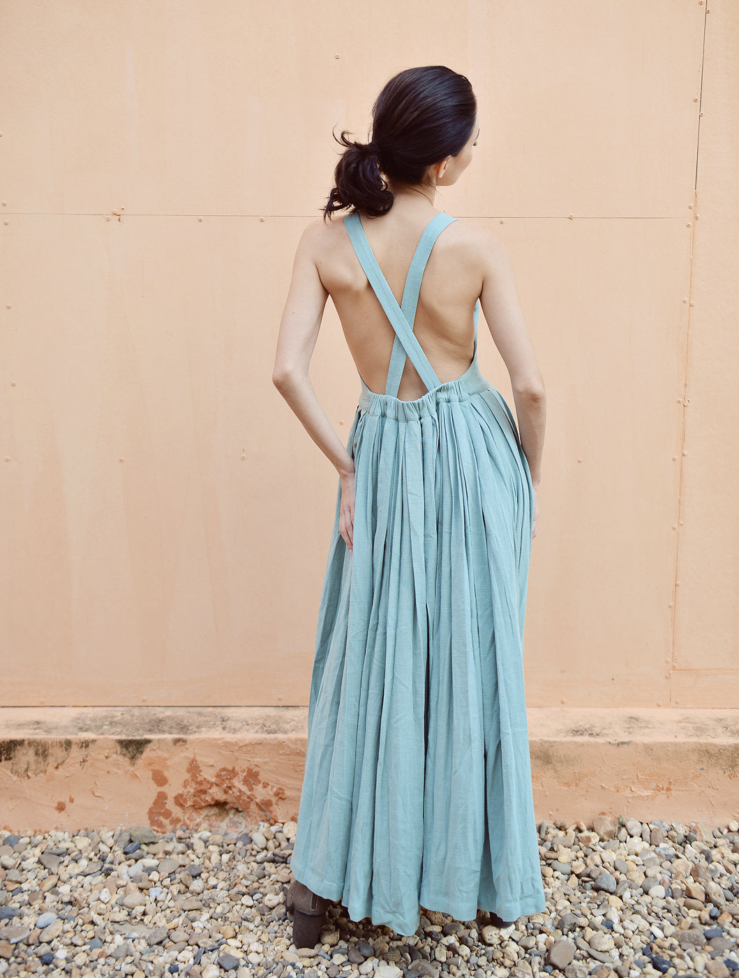 Cross-back Linen Dress - Elastic Waist Dress - Linen Dress Full Length