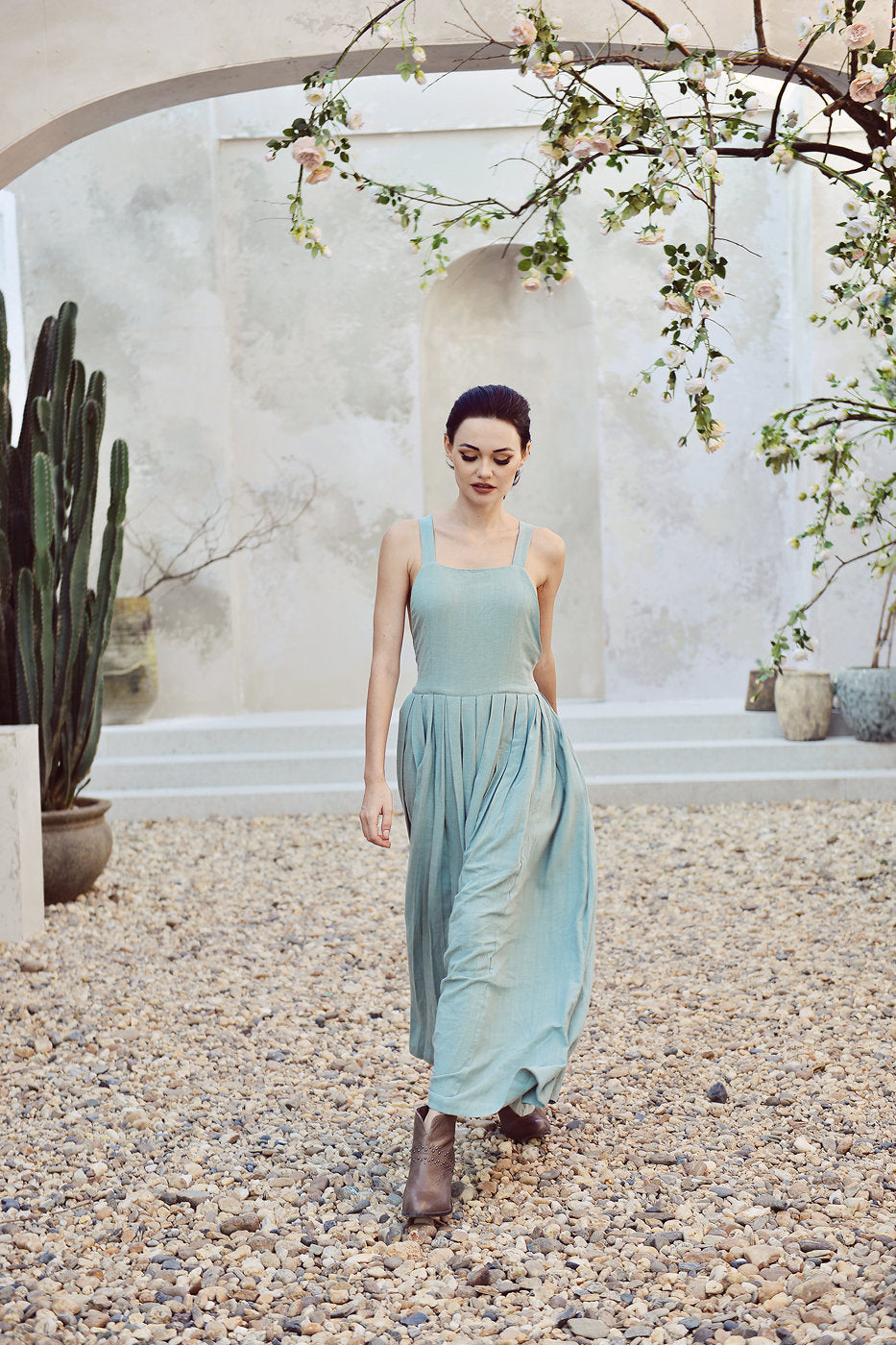 Cross-back Linen Dress - Elastic Waist Dress - Linen Dress Full Length