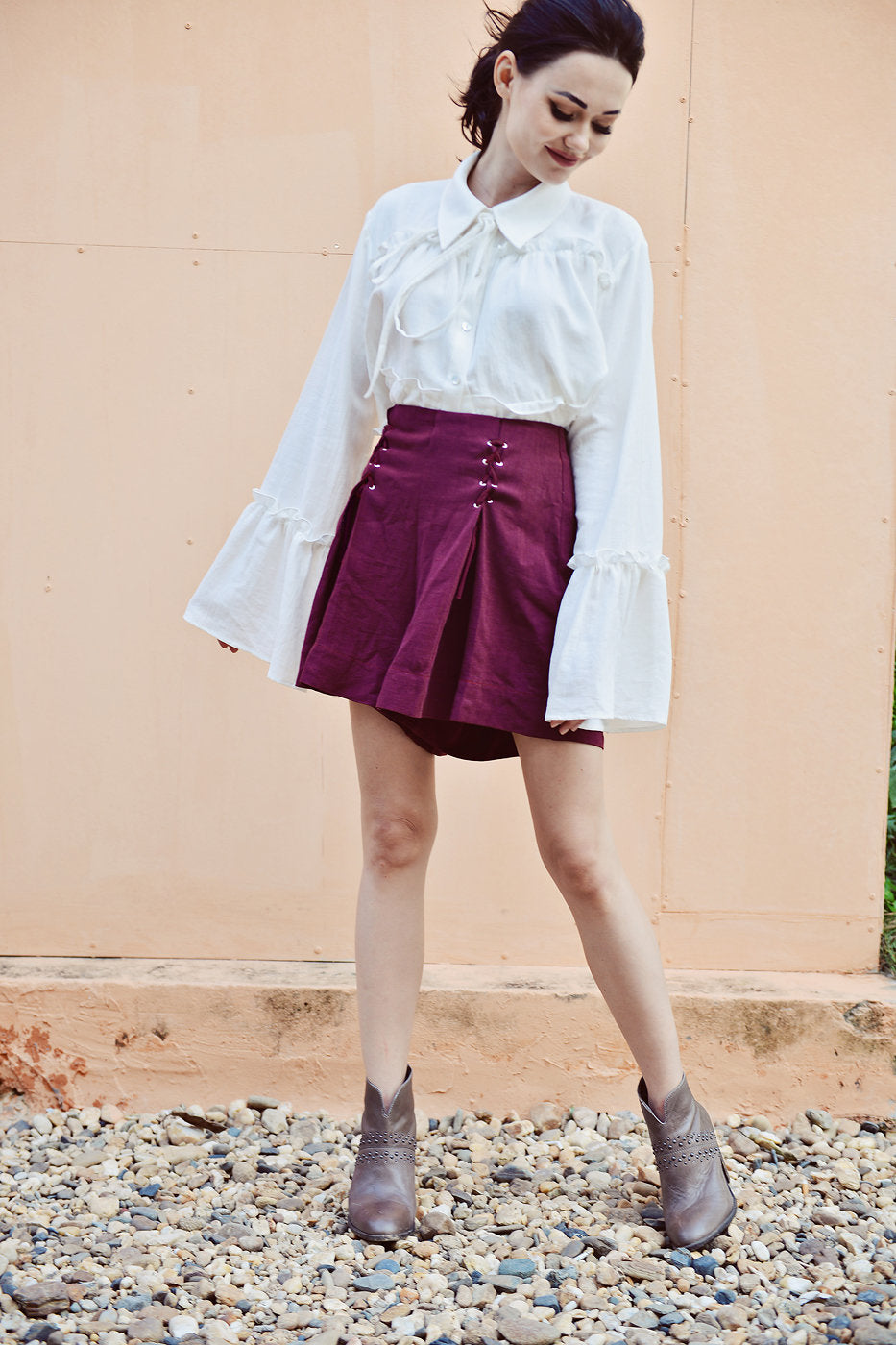 Women Linen Shorts - High-wasted Shorts - Red Cotton Shorts